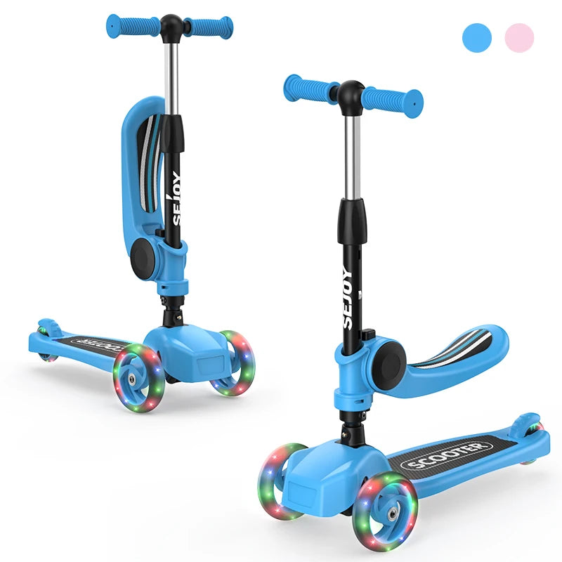 Sejoy Kids Scooter with 3-Wheeled LED Lights,Adjustable Lean-to-Steer Handlebar,Foldable Seat,Sit or Stand Ride,for 3-8 Years