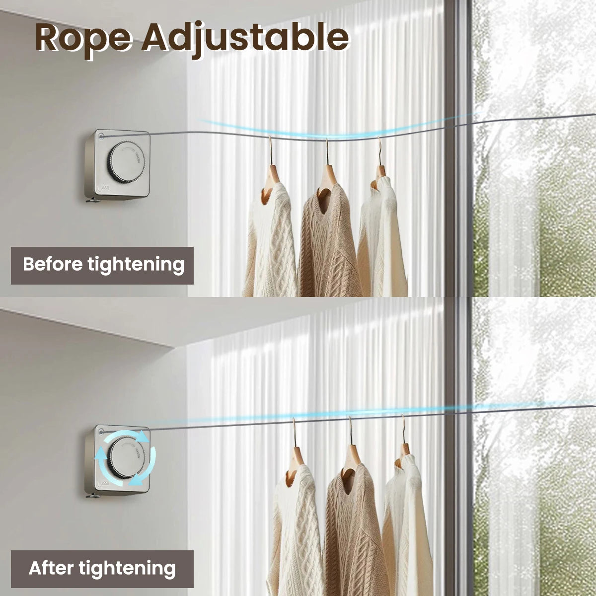 1 Pcs Indoor Retractable Clothesline Non Sagging Outdoor Clothesline Wall Mounted Stainless Steel Rope 15.1 Feet Gray