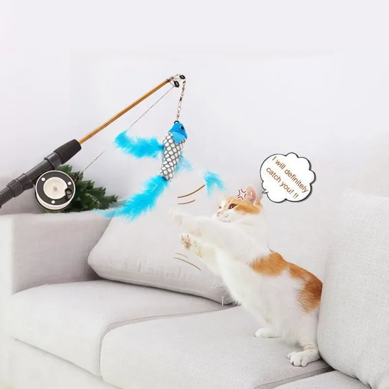 Retractable Cat Toy Fish Type Telescopic Feathers Funny Cat Stick Toys Pet Toy forKitten Cat Rods Simulation Fishing Rod