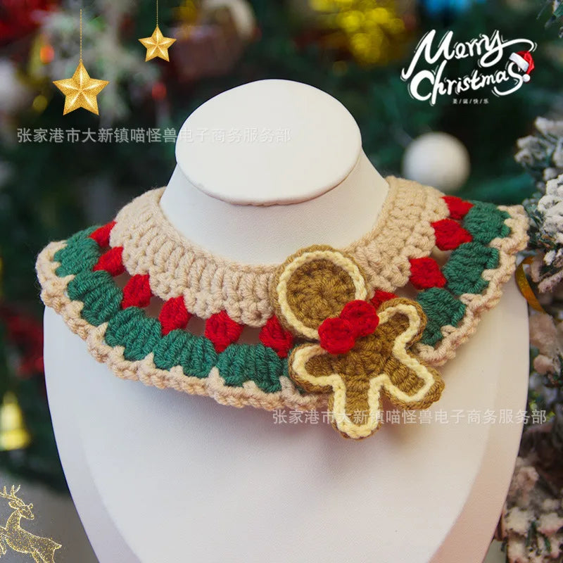 Christmas Cat Scarf Hand-knitted Cartoon Cat Necklace Adjustable Santa Claus Reindeer Puppy Collar Delicate Pet Accessories