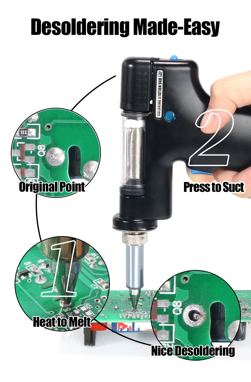 WEP 948 Suction Tin Gun Desoldering Station 90W with Auto Shutoff, Variable Precise Temperature ºC/°F display, Sleep