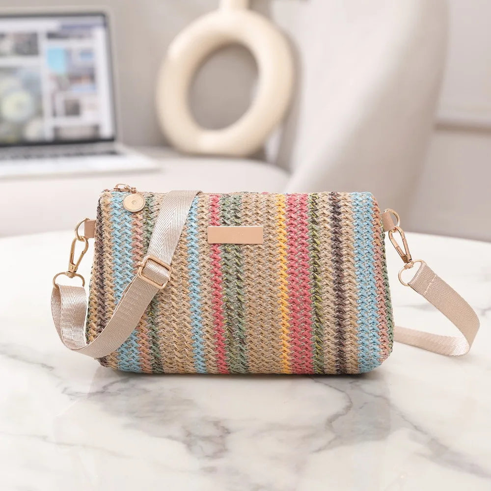 Trendy Colorful Rainbow Woven Bag Adjustable Strap Travel Organizer Girls Shoulder Bag Portable Crossbody Bag Casual Outing