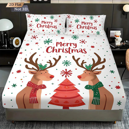 3pcs Christmas reindeer print coreless bed sheet set, multi size soft bed cover, bedroom bedding decoration, machine washable