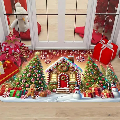 VIKAMA Christmas Doormat, Characteristic Gingerbread House And Tree Design, Made Of Flannel Fabric, Machine Washable-Ideal