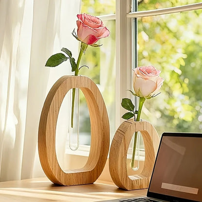 Wooden Hydroponic Plant Vases With Reative Glass Tube