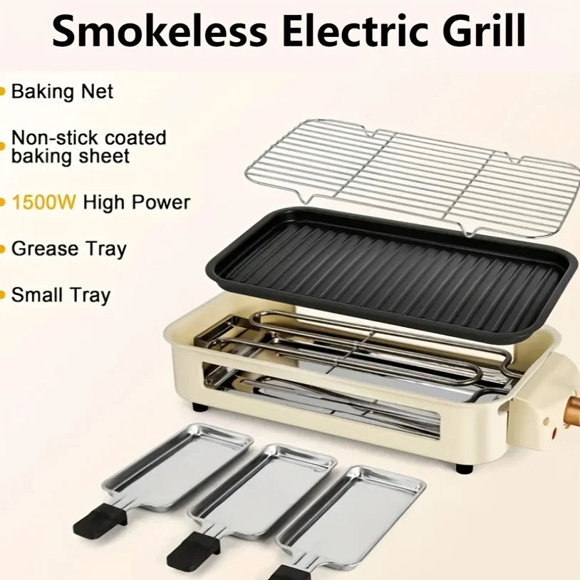 1500W Smokeless Electric Grill with Removable Non-Stick Griddle - Indoor Portable BBQ Grill with Adjustable Temperature Control