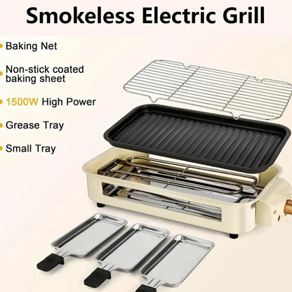 1500W Smokeless Electric Grill with Removable Non-Stick Griddle - Indoor Portable BBQ Grill with Adjustable Temperature Control