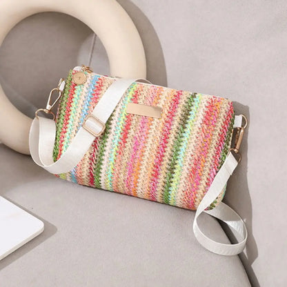 Trendy Colorful Rainbow Woven Bag Adjustable Strap Travel Organizer Girls Shoulder Bag Portable Crossbody Bag Casual Outing