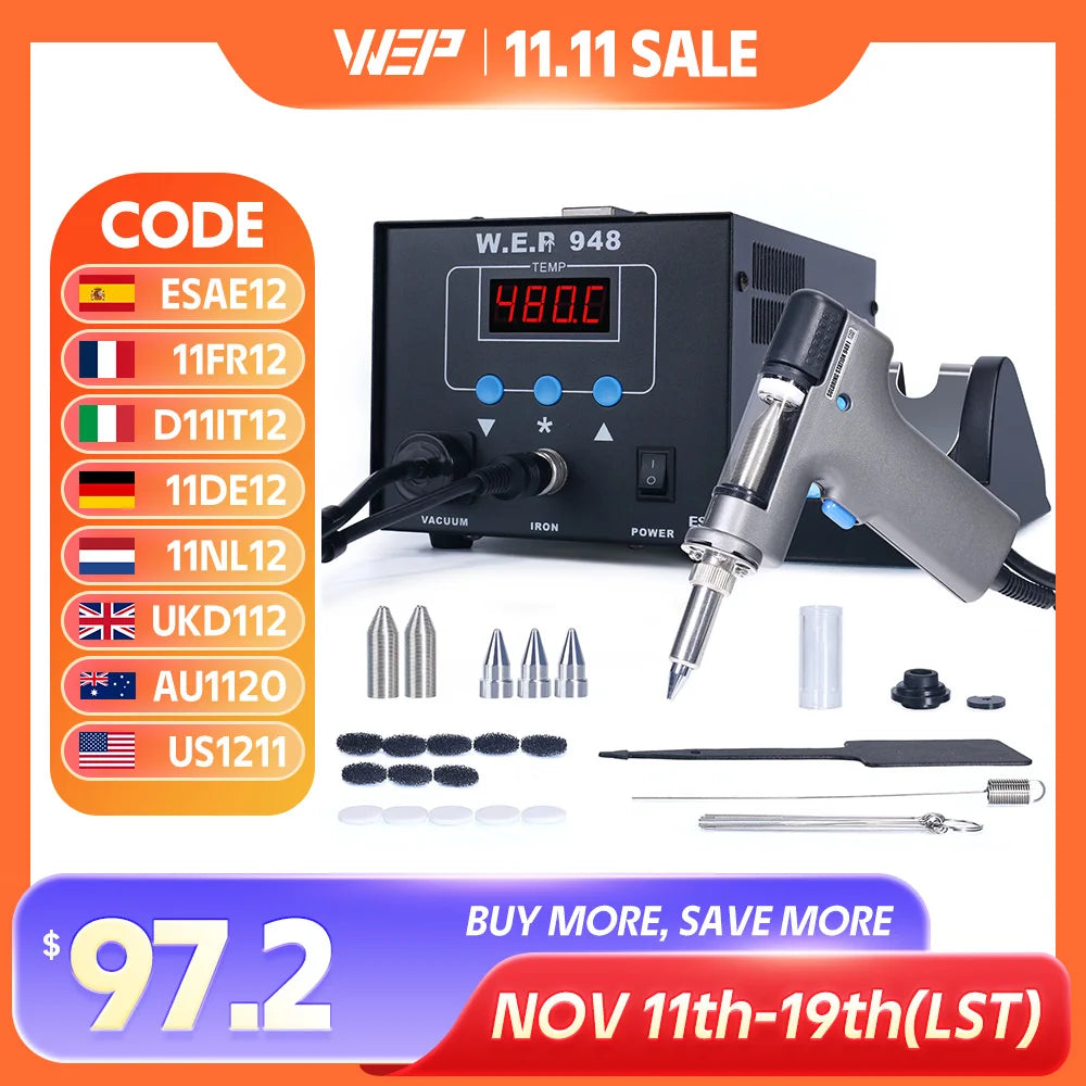 WEP 948 Suction Tin Gun Desoldering Station 90W with Auto Shutoff, Variable Precise Temperature ºC/°F display, Sleep