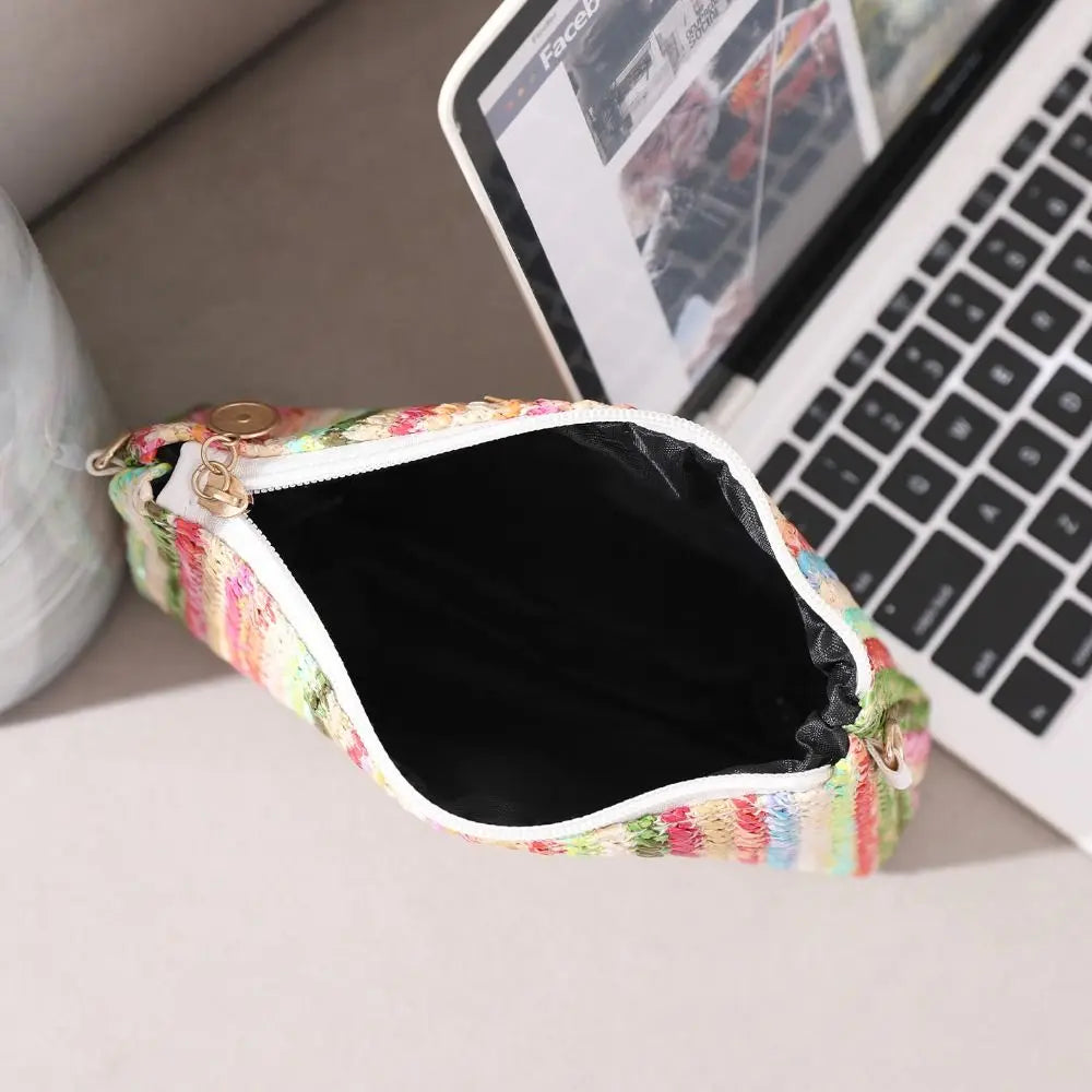 Trendy Colorful Rainbow Woven Bag Adjustable Strap Travel Organizer Girls Shoulder Bag Portable Crossbody Bag Casual Outing
