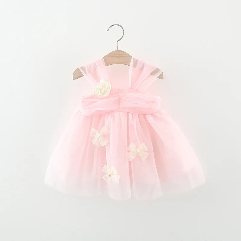 Sweet Flower Fairy Baby Girl Party Dresses Summer Solid Color Mesh Princess Evening Dress Kids Costume 0 to 3 Years Old Children