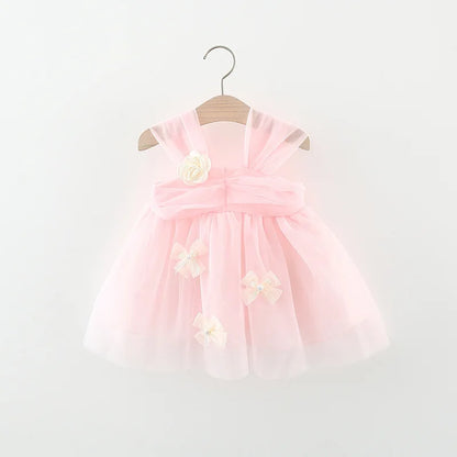 Sweet Flower Fairy Baby Girl Party Dresses Summer Solid Color Mesh Princess Evening Dress Kids Costume 0 to 3 Years Old Children