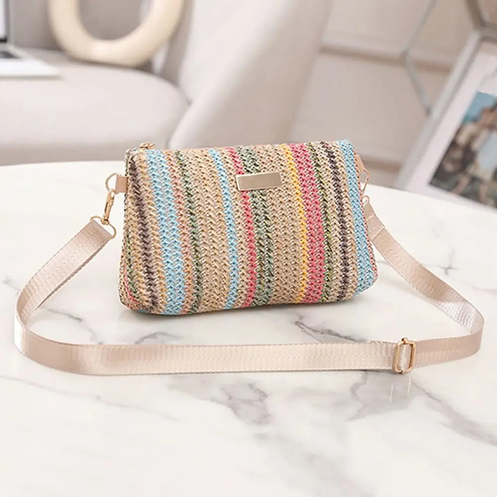 Trendy Colorful Rainbow Woven Bag Adjustable Strap Travel Organizer Girls Shoulder Bag Portable Crossbody Bag Casual Outing