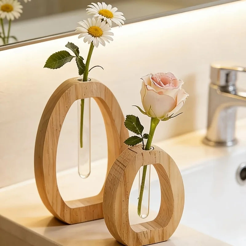 Wooden Hydroponic Plant Vases With Reative Glass Tube
