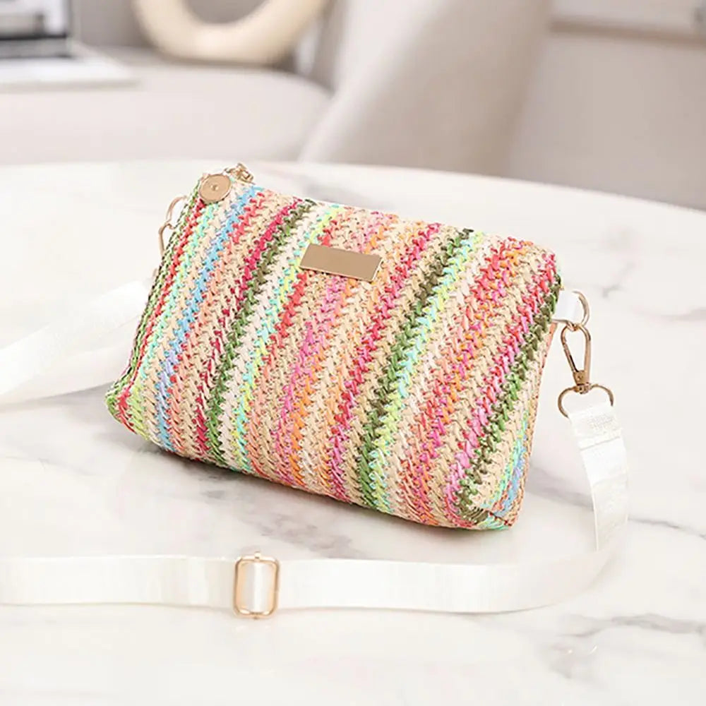 Trendy Colorful Rainbow Woven Bag Adjustable Strap Travel Organizer Girls Shoulder Bag Portable Crossbody Bag Casual Outing
