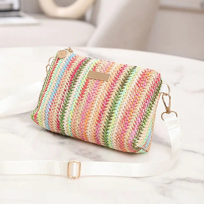 Trendy Colorful Rainbow Woven Bag Adjustable Strap Travel Organizer Girls Shoulder Bag Portable Crossbody Bag Casual Outing