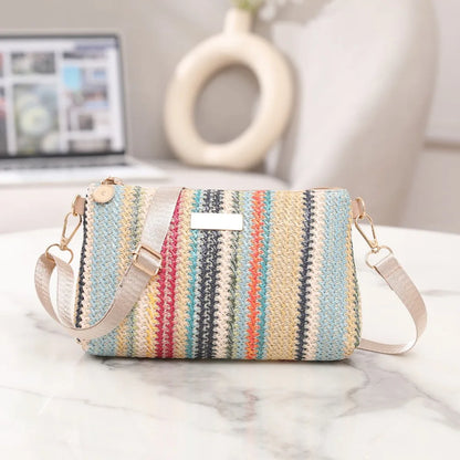 Trendy Colorful Rainbow Woven Bag Adjustable Strap Travel Organizer Girls Shoulder Bag Portable Crossbody Bag Casual Outing