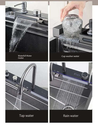 5.0MM Double Waterfall Sink Embossed Stainless Steel Kitchen Sink Large Single Slot Digital Display Wash Basin Dishwashing pond