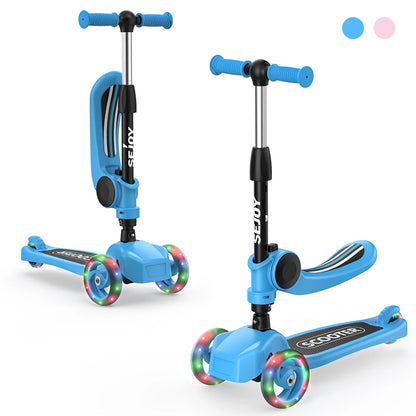 Sejoy Kids Scooter with 3-Wheeled LED Lights,Adjustable Lean-to-Steer Handlebar,Foldable Seat,Sit or Stand Ride,for 3-8 Years