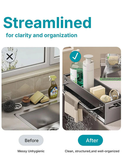 Extra Large Carbon Steel Sink Caddy Kitchen Sponge Holder with Soap Dish Countertop Organizer Rack for Kitchen Sink Accessories
