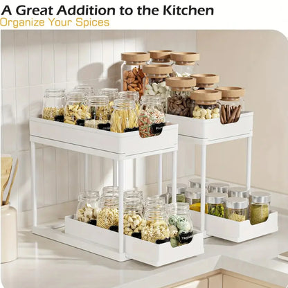 Double-Layer Pull-Out Kitchen Storage Rack, Non-Slip and Stable, Multifunctional Storage Box with Five Hooks, Under-Sink Brush Double-Layer Drawer Storage Rack, Suitable for Kitchen and Bathroom Countertop Sink Storage