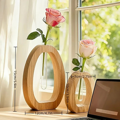 Wooden Hydroponic Plant Vases With Reative Glass Tube