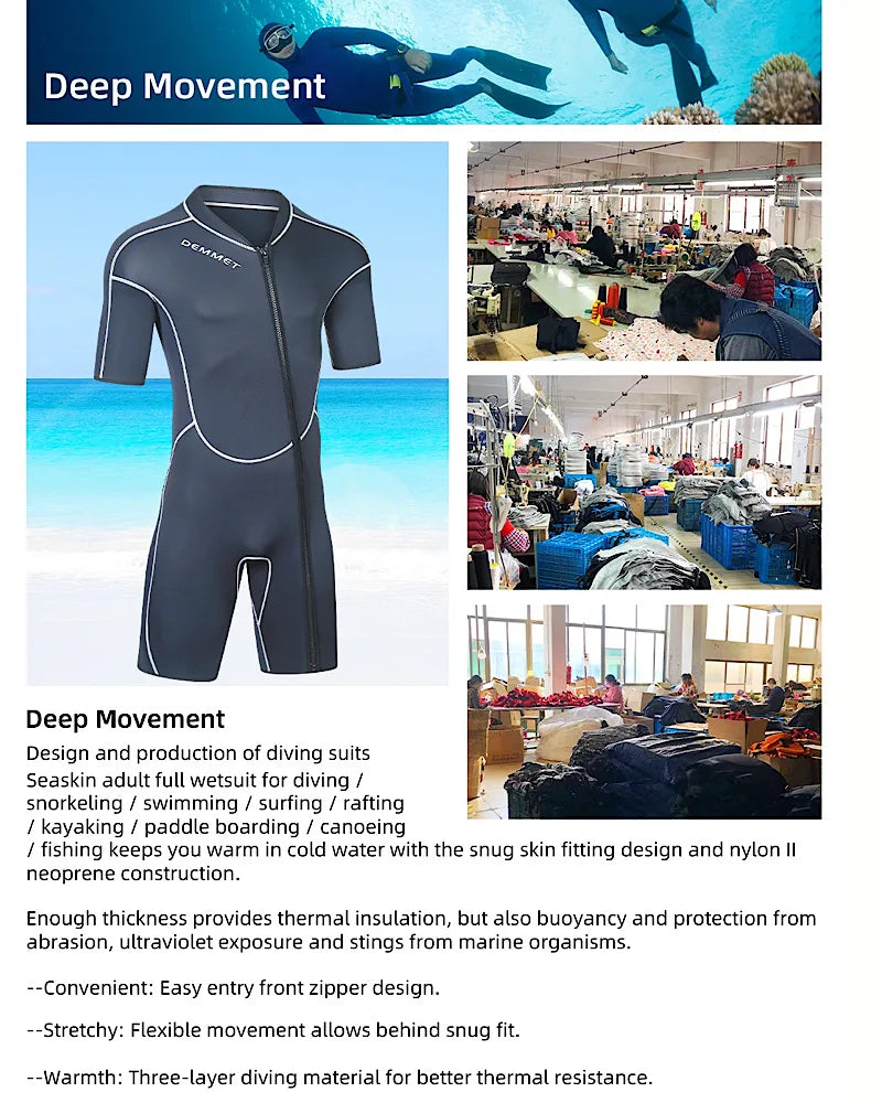 New DEMMET1.5/3M Neoprene Men's Short Sleeve Wetsuit Front Unzipper Snorkeling Surfing Swimsuit Keeps Warm