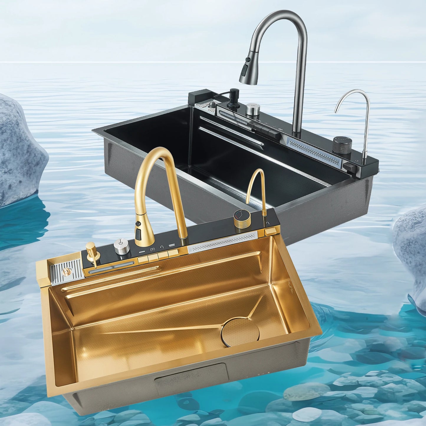 304 Stainless Steel Waterfall Kitchen Sink Large Single Slot Integrated Digital Display Faucet Set Soap Dispenser Cup Washer