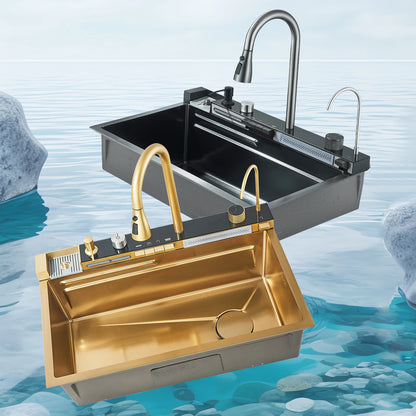 304 Stainless Steel Waterfall Kitchen Sink Large Single Slot Integrated Digital Display Faucet Set Soap Dispenser Cup Washer