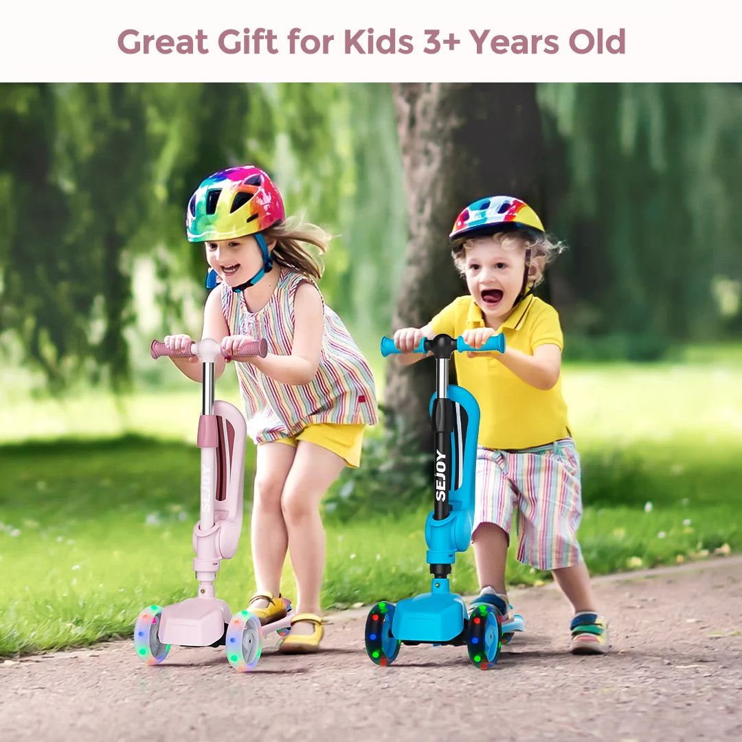 Sejoy Kids Scooter with 3-Wheeled LED Lights,Adjustable Lean-to-Steer Handlebar,Foldable Seat,Sit or Stand Ride,for 3-8 Years