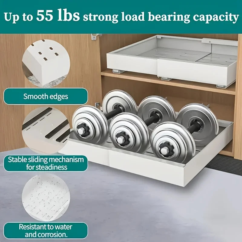 Expandable Pull-Out Drawer / Four-Sided Extendable Adjustment for Expanded Capacity / DIY Installation for Easy Cabinet Storage.