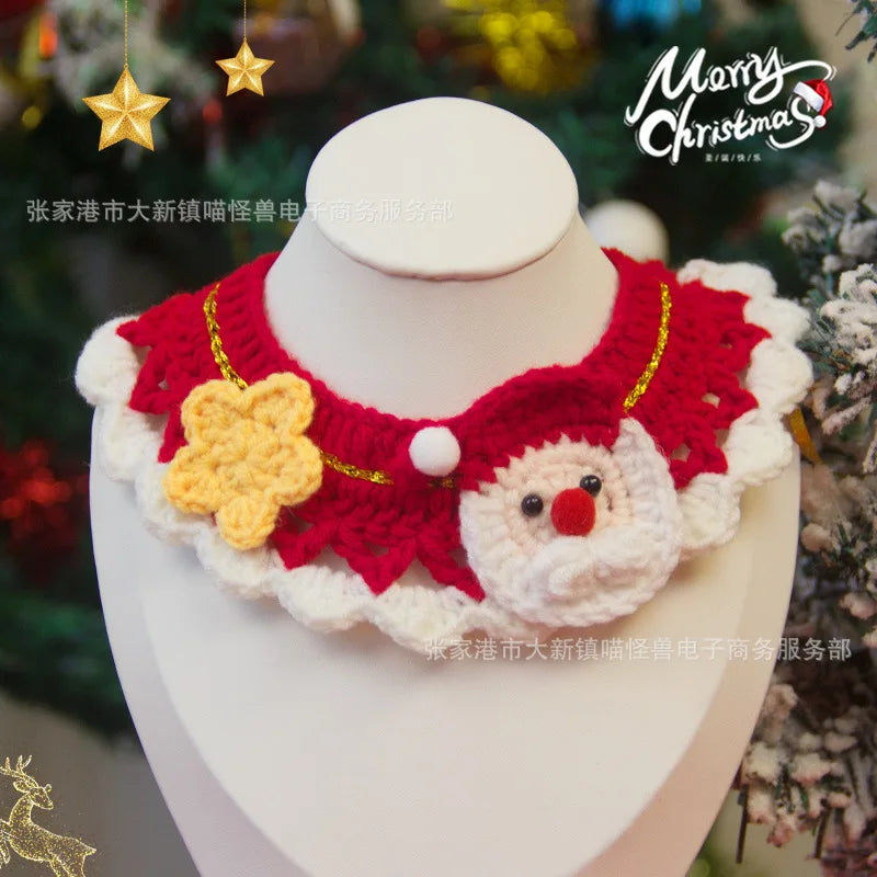 Christmas Cat Scarf Hand-knitted Cartoon Cat Necklace Adjustable Santa Claus Reindeer Puppy Collar Delicate Pet Accessories