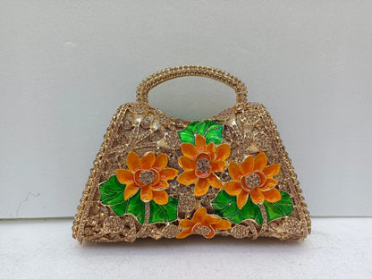 XIYUAN Sunflower Enamel Rhinestone Evening Bag Gold Floral Crystal Handbag for Wedding Banquet Luxury Top Handle Clutch Purses