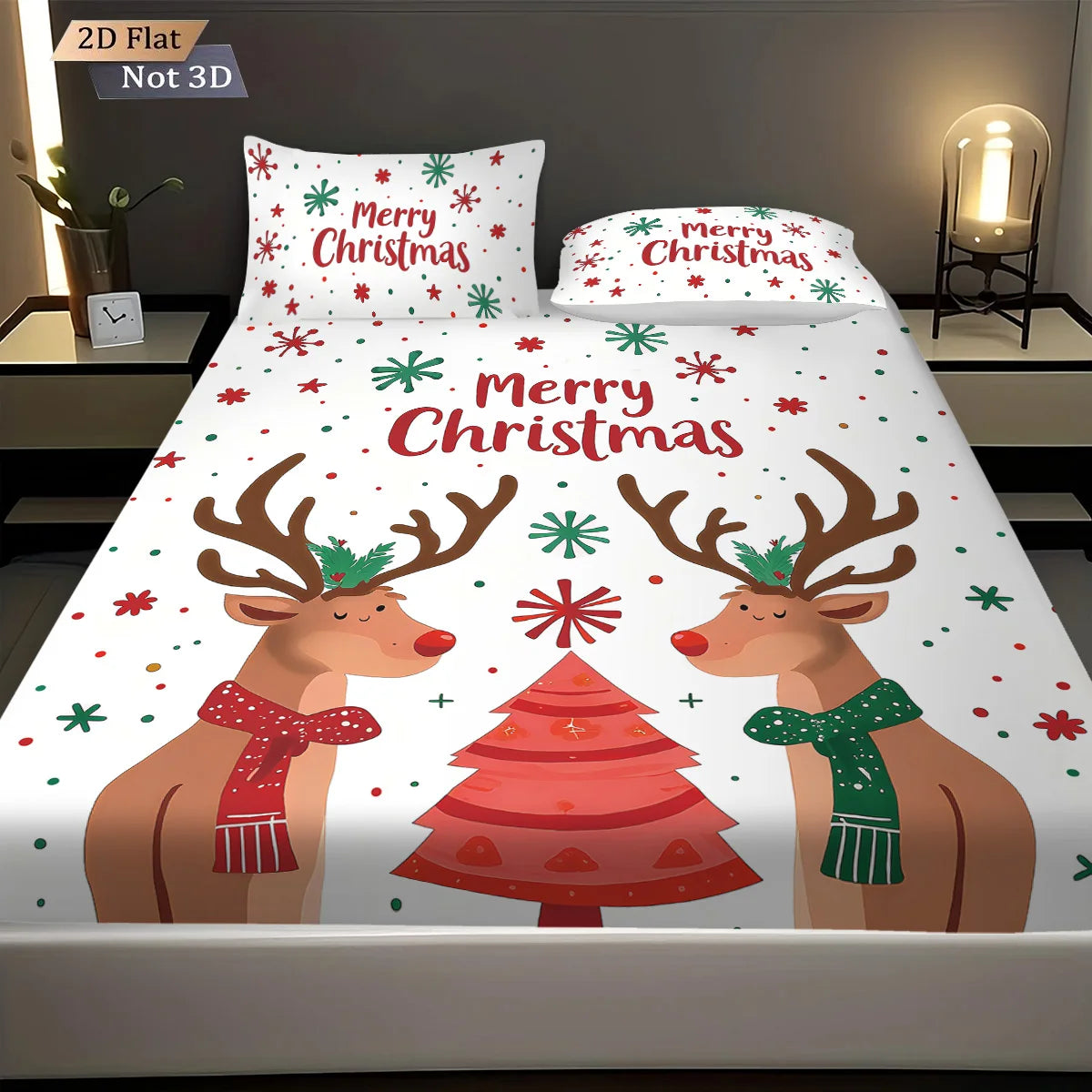 3pcs Christmas reindeer print coreless bed sheet set, multi size soft bed cover, bedroom bedding decoration, machine washable