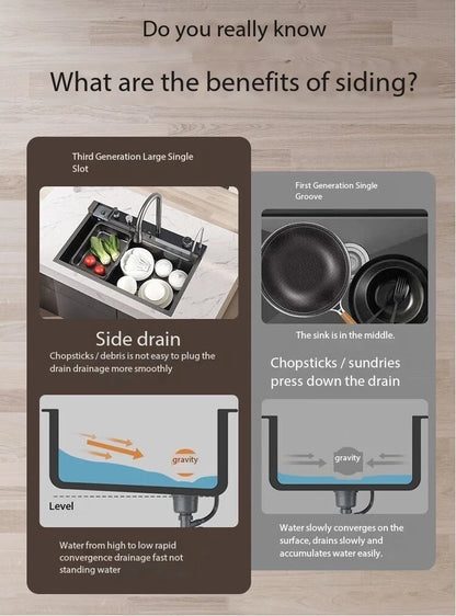 5.0MM Double Waterfall Sink Embossed Stainless Steel Kitchen Sink Large Single Slot Digital Display Wash Basin Dishwashing pond