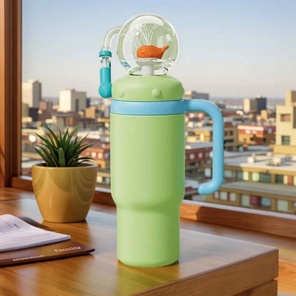 710ML Stainless Steel Whale Fountain Tumbler with Handle Leak Proof Whale Squirt Drinking Cup Water Bottle with Straw Cute Gift