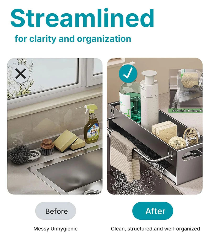 Extra Large Carbon Steel Sink Caddy Kitchen Sponge Holder with Soap Dish Countertop Organizer Rack for Kitchen Sink Accessories