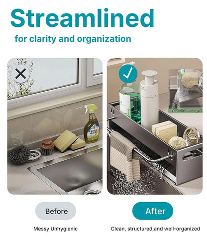 Extra Large Carbon Steel Sink Caddy Kitchen Sponge Holder with Soap Dish Countertop Organizer Rack for Kitchen Sink Accessories
