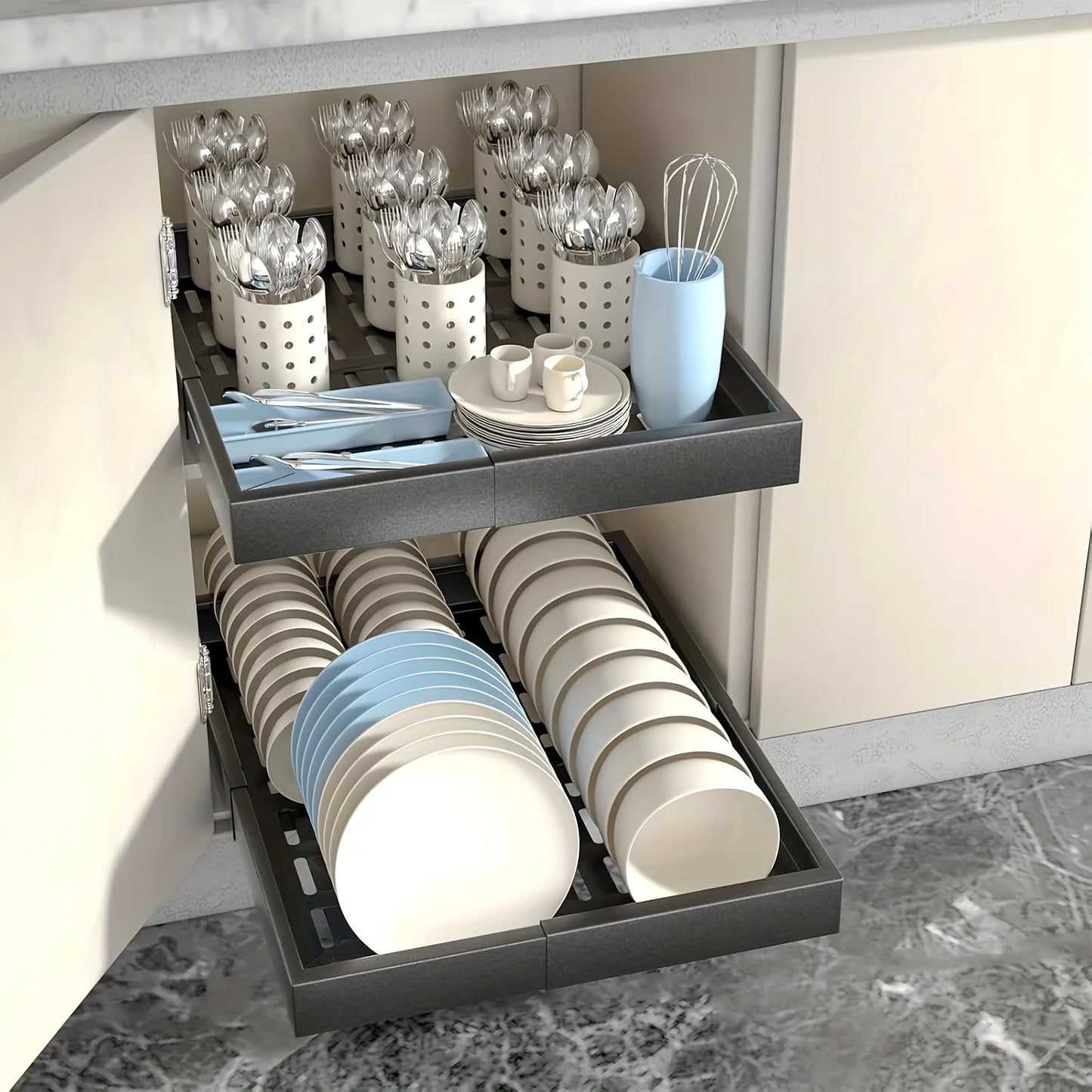 Expandable Pull-Out Drawer / Four-Sided Extendable Adjustment for Expanded Capacity / DIY Installation for Easy Cabinet Storage.