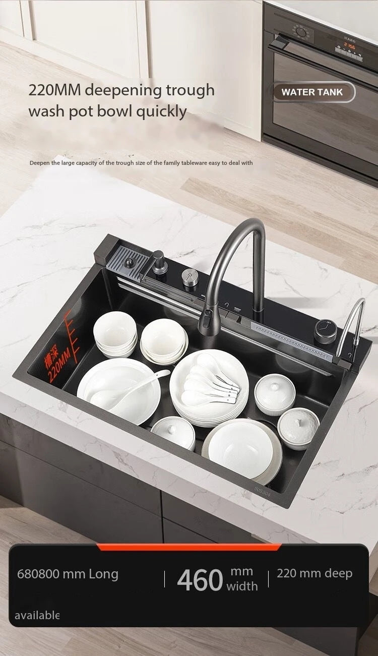 5.0MM Double Waterfall Sink Embossed Stainless Steel Kitchen Sink Large Single Slot Digital Display Wash Basin Dishwashing pond