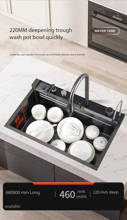 5.0MM Double Waterfall Sink Embossed Stainless Steel Kitchen Sink Large Single Slot Digital Display Wash Basin Dishwashing pond