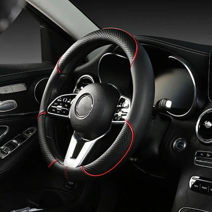 Anti Slip Steering Wheel Cover Leather Breathable Steer Wheel Protector Red Blue Strip Trim Steering Cover for Fits 37.5-38cm