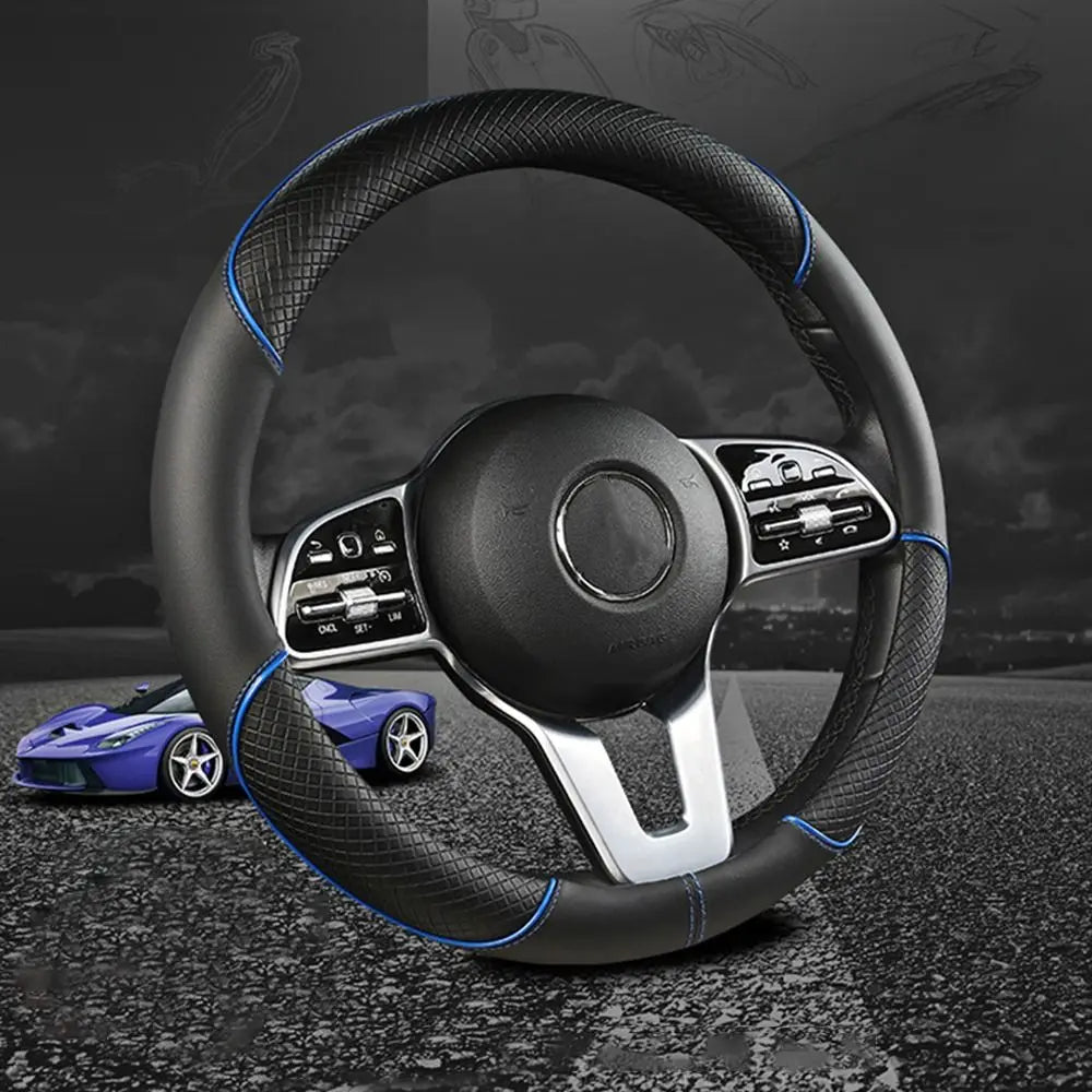 Anti Slip Steering Wheel Cover Leather Breathable Steer Wheel Protector Red Blue Strip Trim Steering Cover for Fits 37.5-38cm