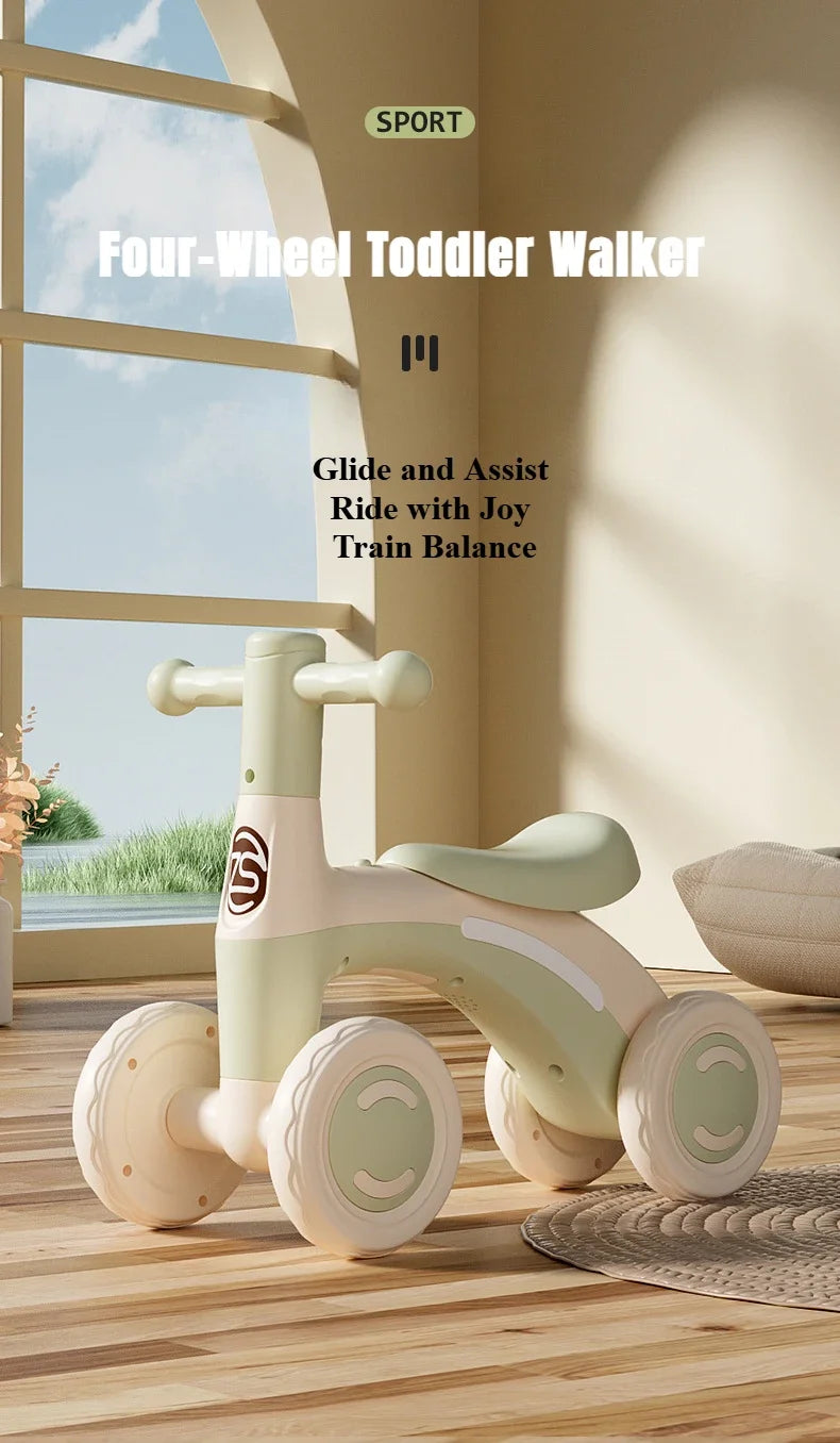 Anti-Tip Baby Balance Bike Ages 1-3 4-Wheel Silent Glider Walker Toy Toddler Training Ride-On with Safety Wheels Indoor Outdoor