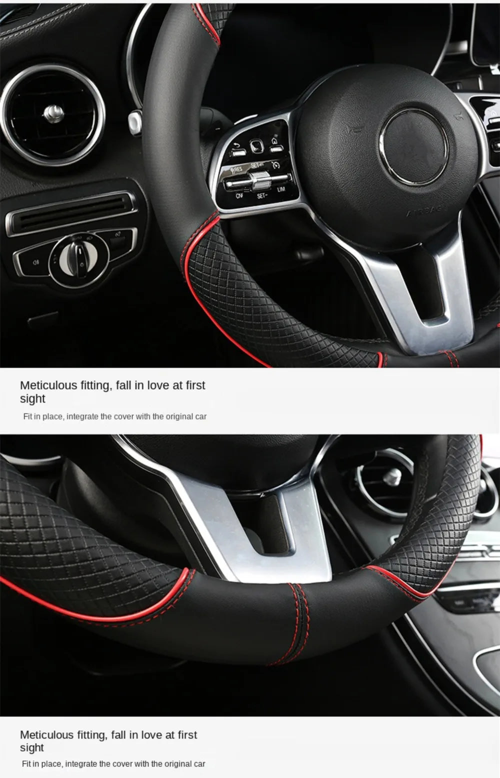 Anti Slip Steering Wheel Cover Leather Breathable Steer Wheel Protector Red Blue Strip Trim Steering Cover for Fits 37.5-38cm