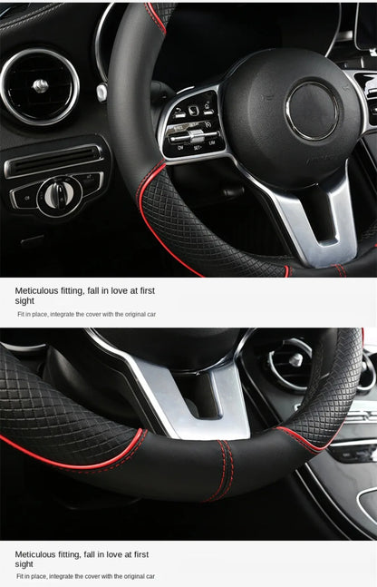 Anti Slip Steering Wheel Cover Leather Breathable Steer Wheel Protector Red Blue Strip Trim Steering Cover for Fits 37.5-38cm