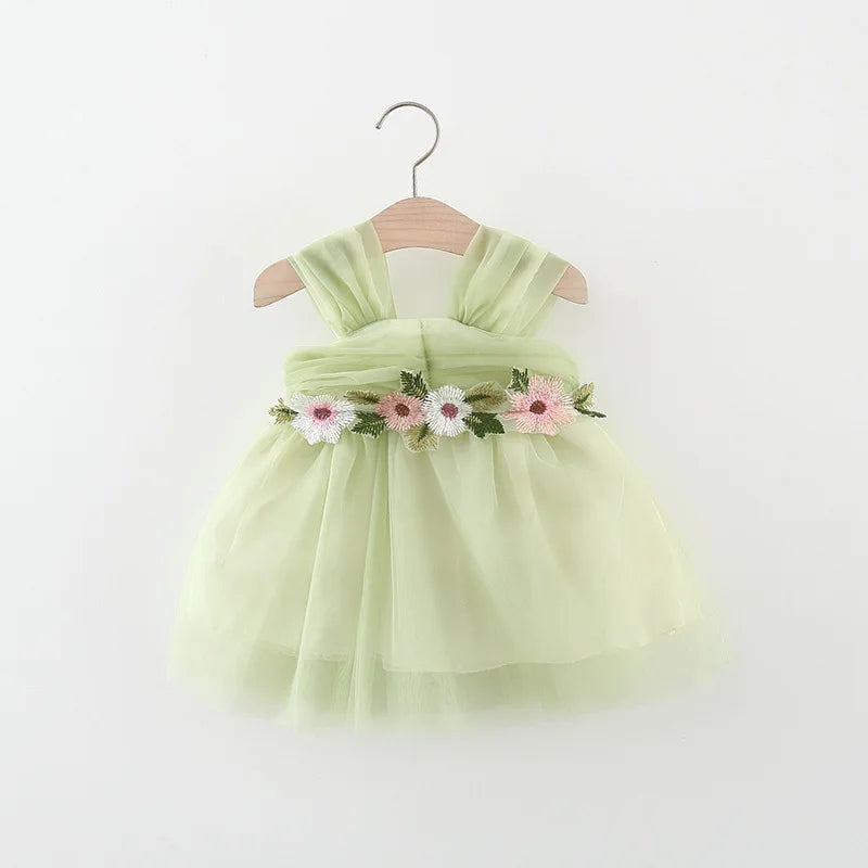 Sweet Flower Fairy Baby Girl Party Dresses Summer Solid Color Mesh Princess Evening Dress Kids Costume 0 to 3 Years Old Children