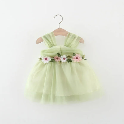 Sweet Flower Fairy Baby Girl Party Dresses Summer Solid Color Mesh Princess Evening Dress Kids Costume 0 to 3 Years Old Children