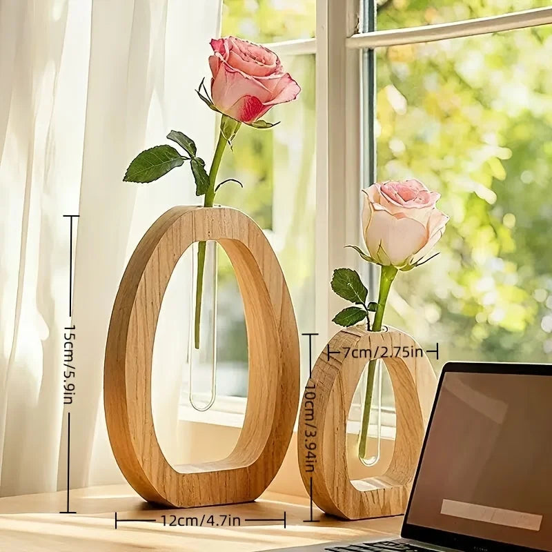 Wooden Hydroponic Plant Vases With Reative Glass Tube