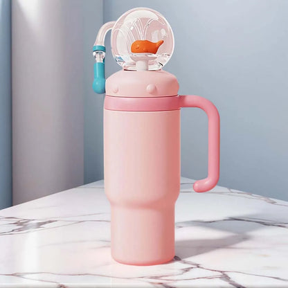 710ML Stainless Steel Whale Fountain Tumbler with Handle Leak Proof Whale Squirt Drinking Cup Water Bottle with Straw Cute Gift